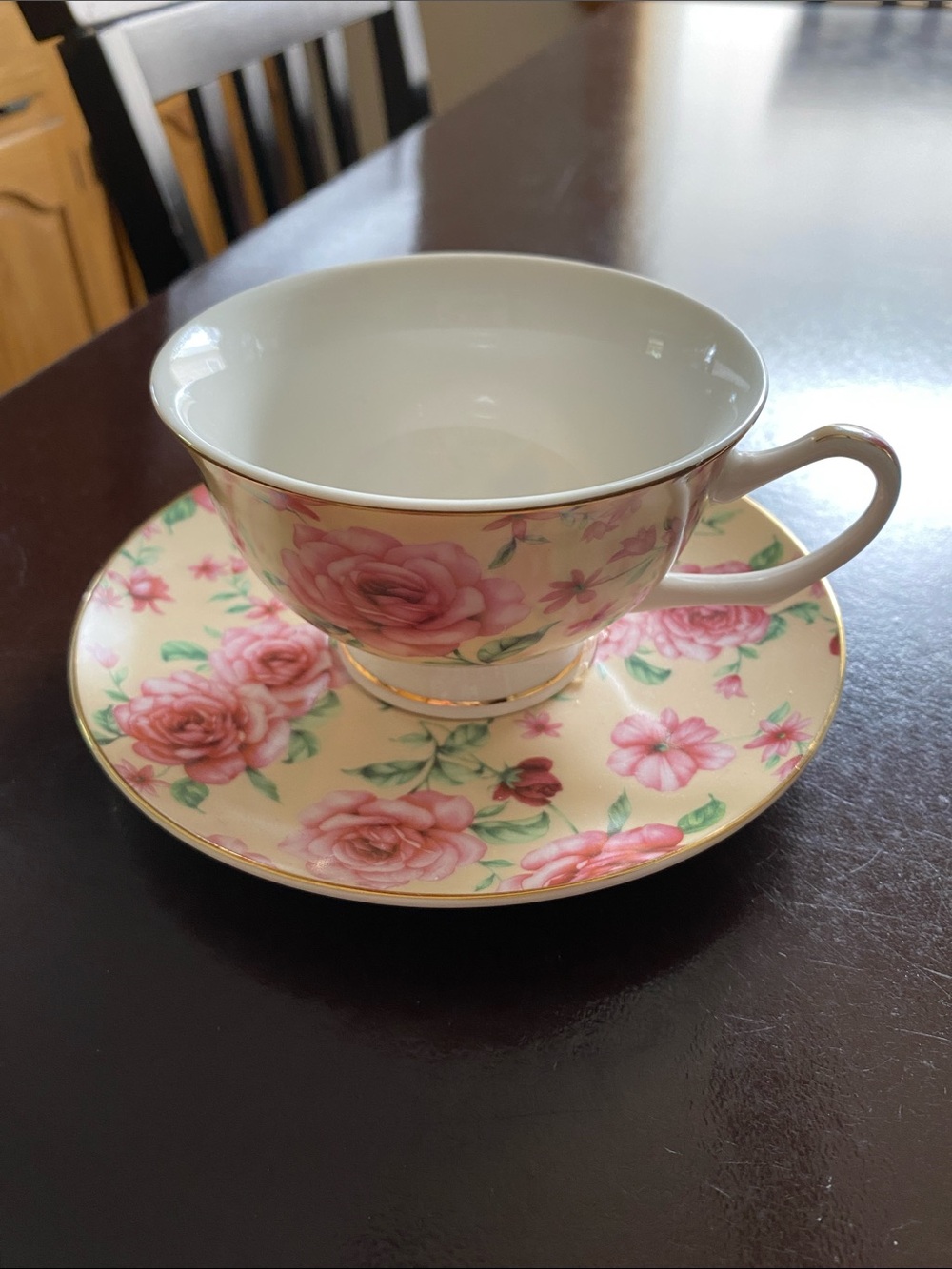Floral Pink Rose Tea Cup and Saucer with Gold Trim